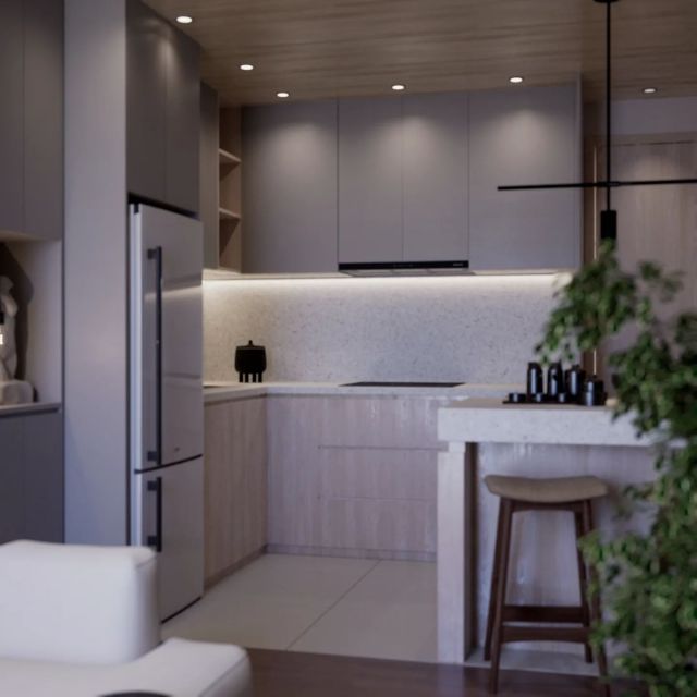 Cozinha em L com com tons amadeirados claros nos armários baixos e mdf cinza nos aéreos. Simplista e elegante 🏡.

 #projeto #Interiores #cozinha #jantar